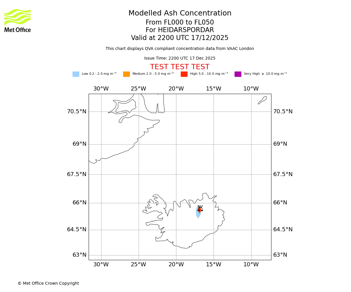 Modelled ash concentration from 000 to 050 for HEIDARSPORDAR. Valid at 2200 UTC 17/12/2025