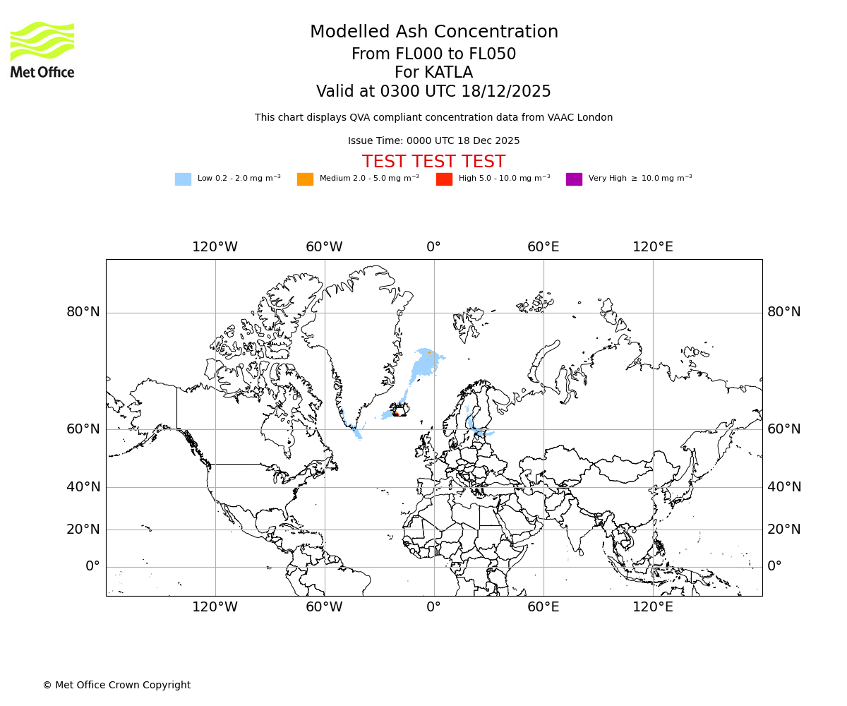 Modelled ash concentration from 000 to 050 for KATLA. Valid at 0300 UTC 18/12/2025