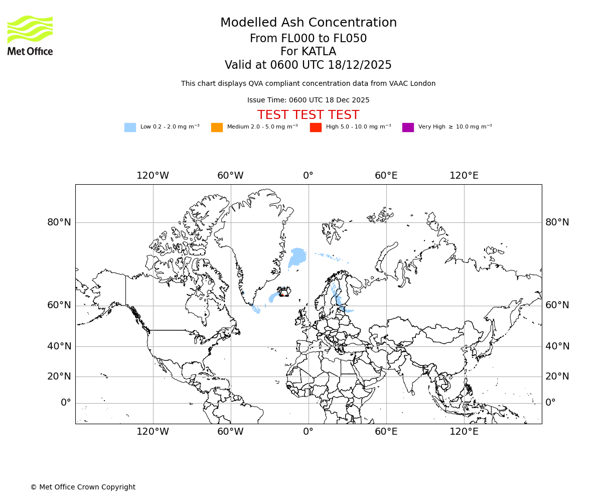 Modelled ash concentration from 000 to 050 for KATLA. Valid at 0600 UTC 18/12/2025