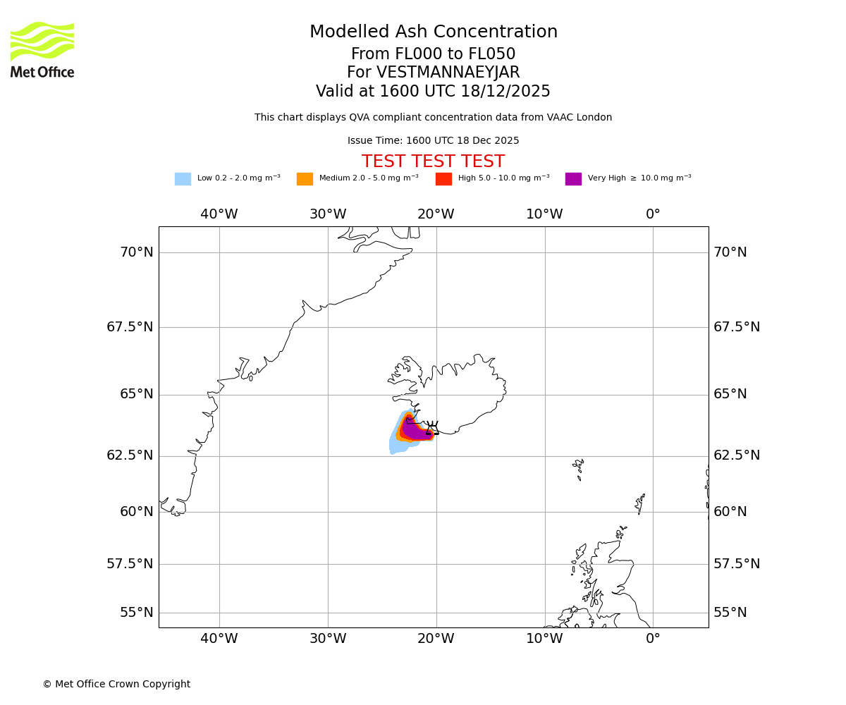 Modelled ash concentration from 000 to 050 for VESTMANNAEYJAR. Valid at 1600 UTC 18/12/2025