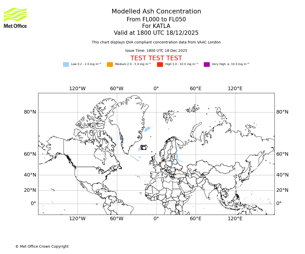 Modelled ash concentration from 000 to 050 for KATLA. Valid at 1800 UTC 18/12/2025