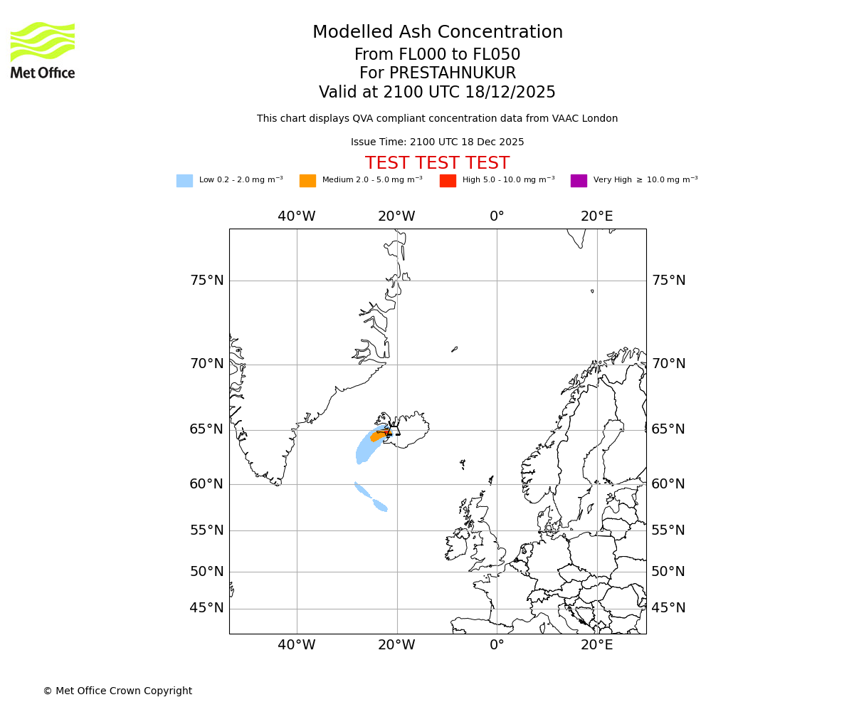 Modelled ash concentration from 000 to 050 for PRESTAHNUKUR. Valid at 2100 UTC 18/12/2025