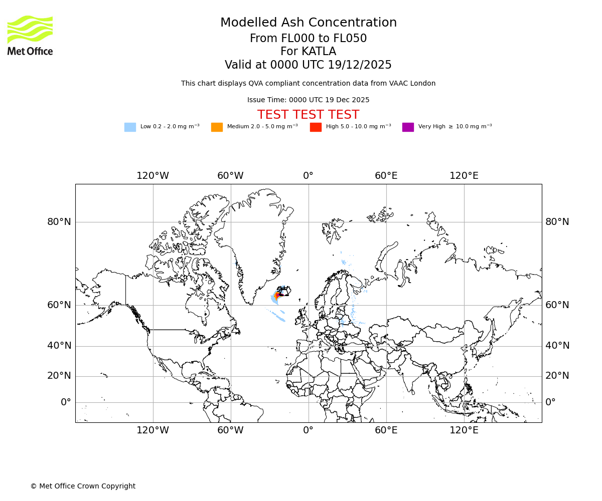 Modelled ash concentration from 000 to 050 for KATLA. Valid at 0000 UTC 19/12/2025
