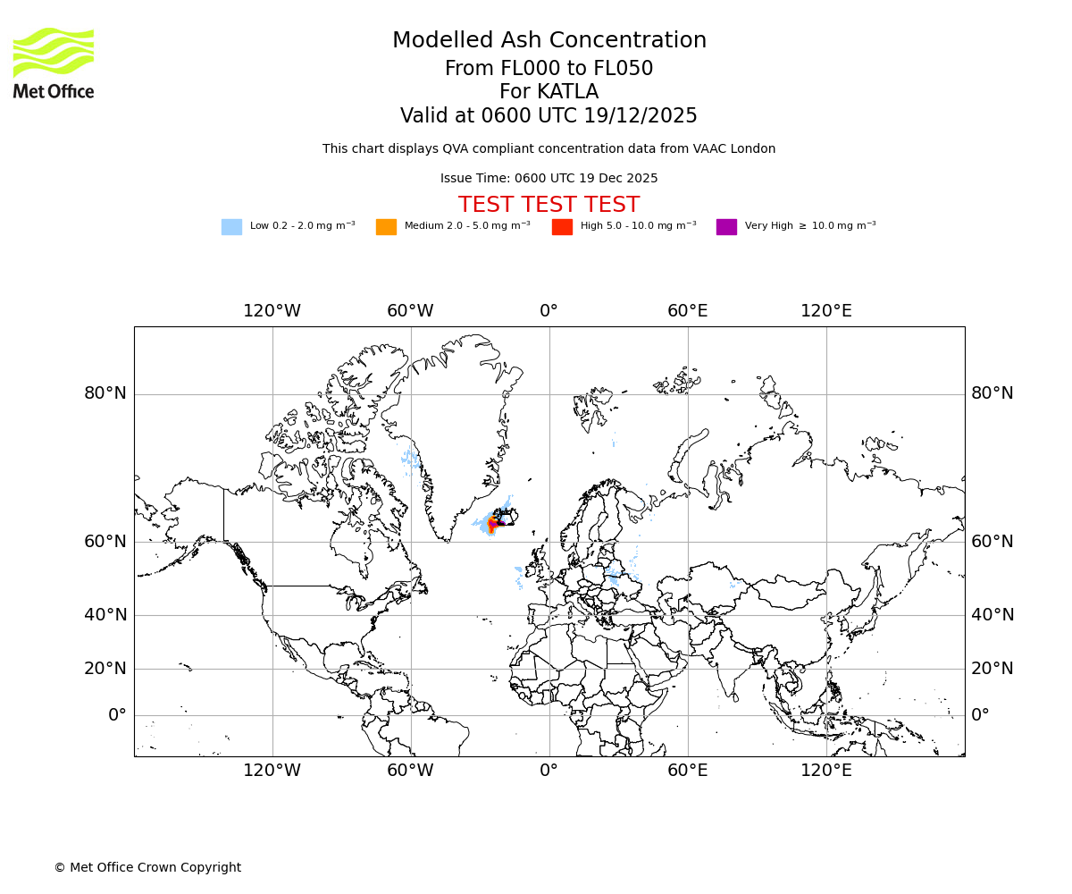 Modelled ash concentration from 000 to 050 for KATLA. Valid at 0600 UTC 19/12/2025