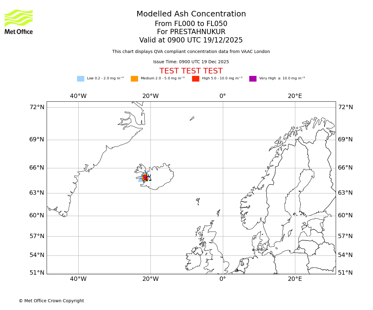 Modelled ash concentration from 000 to 050 for PRESTAHNUKUR. Valid at 0900 UTC 19/12/2025