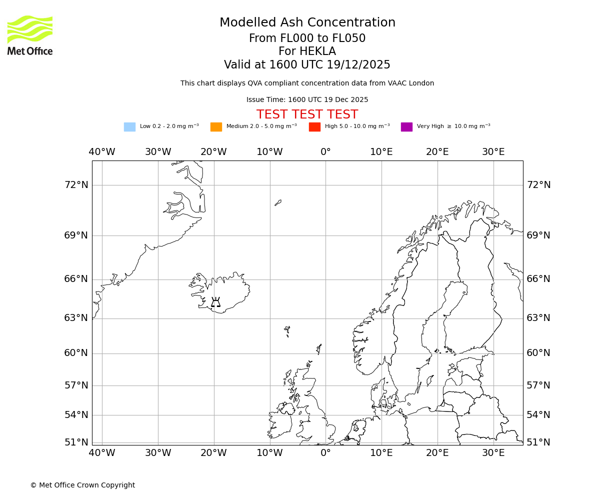 Modelled ash concentration from 000 to 050 for HEKLA. Valid at 1600 UTC 19/12/2025