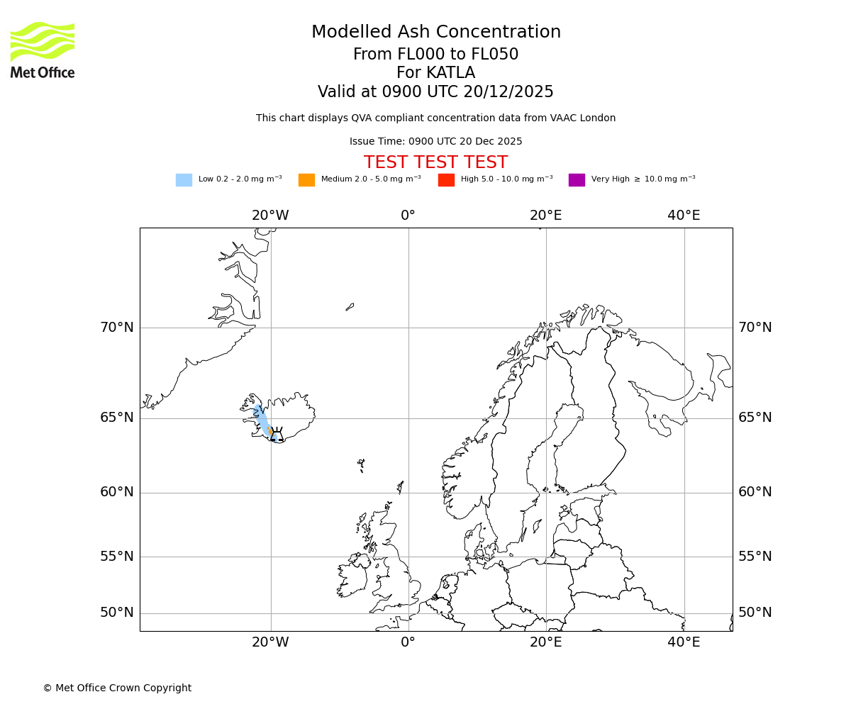 Modelled ash concentration from 000 to 050 for KATLA. Valid at 0900 UTC 20/12/2025