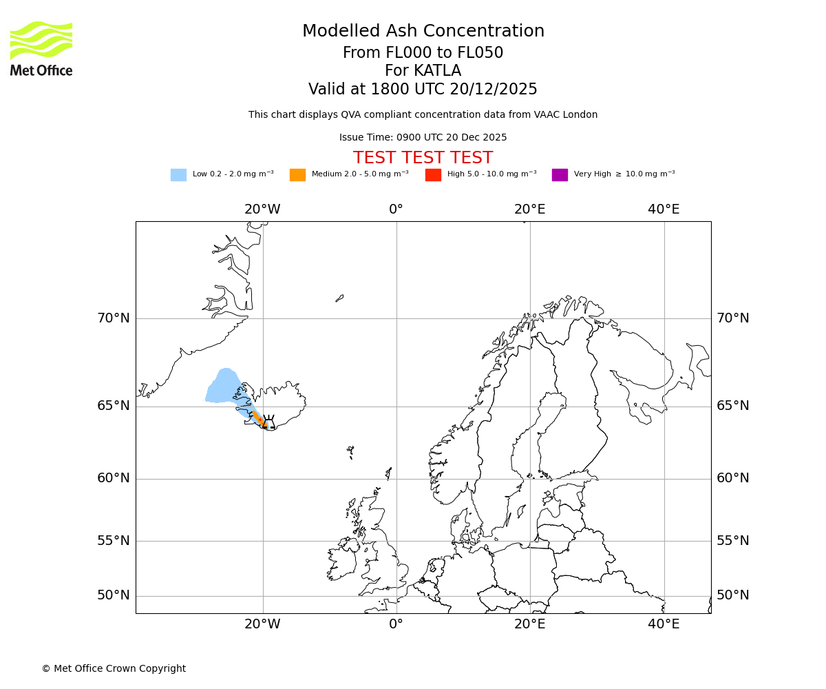 Modelled ash concentration from 000 to 050 for KATLA. Valid at 1800 UTC 20/12/2025
