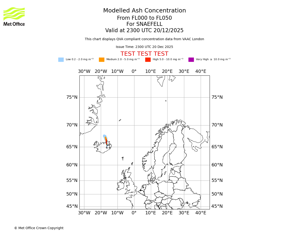 Modelled ash concentration from 000 to 050 for SNAEFELL. Valid at 2300 UTC 20/12/2025