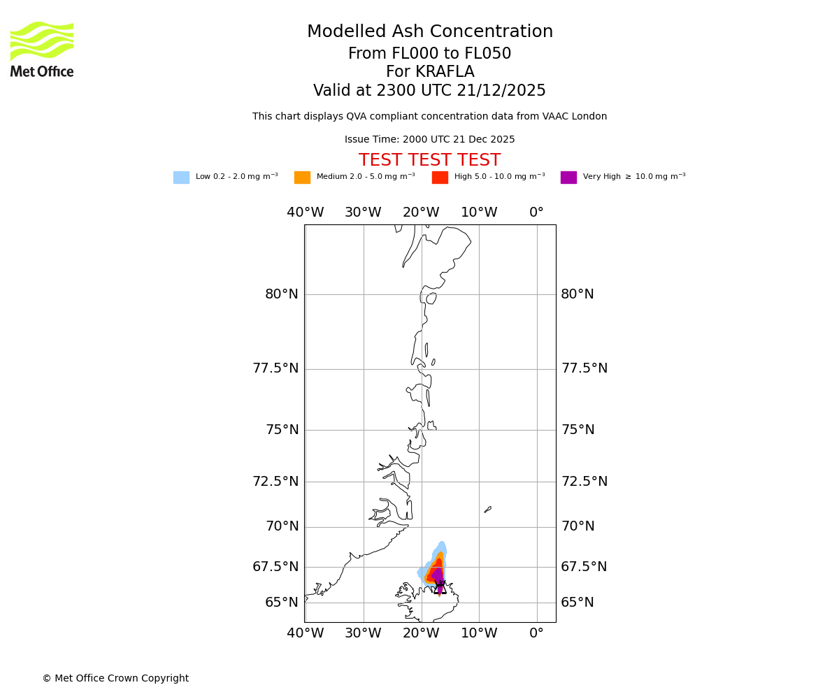 Modelled ash concentration from 000 to 050 for KRAFLA. Valid at 2300 UTC 21/12/2025