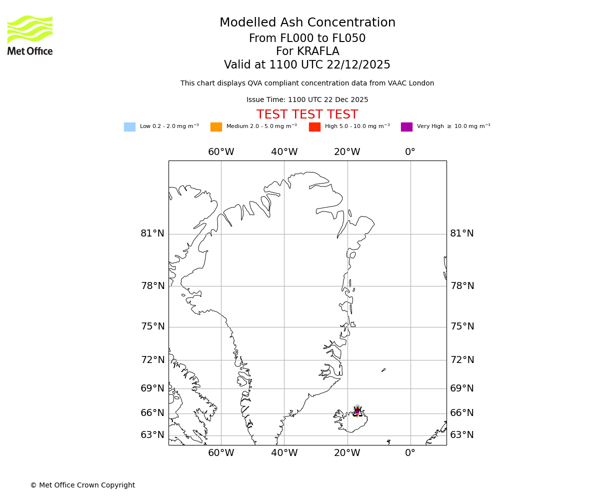 Modelled ash concentration from 000 to 050 for KRAFLA. Valid at 1100 UTC 22/12/2025