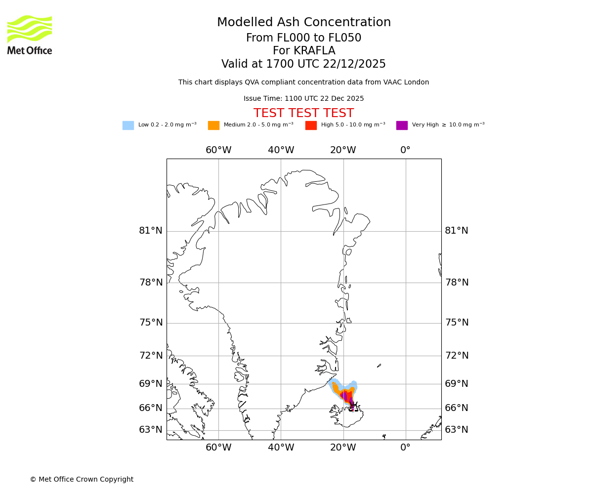 Modelled ash concentration from 000 to 050 for KRAFLA. Valid at 1700 UTC 22/12/2025