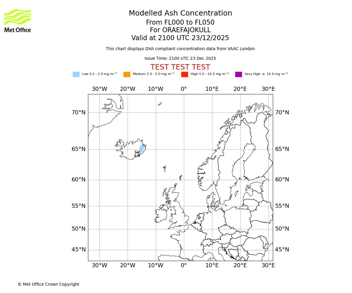 Modelled ash concentration from 000 to 050 for ORAEFAJOKULL. Valid at 2100 UTC 23/12/2025