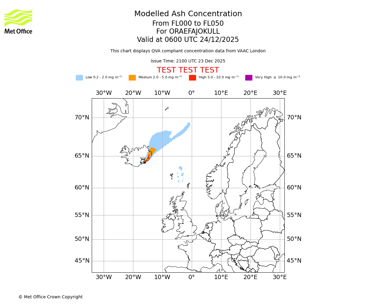 Modelled ash concentration from 000 to 050 for ORAEFAJOKULL. Valid at 0600 UTC 24/12/2025