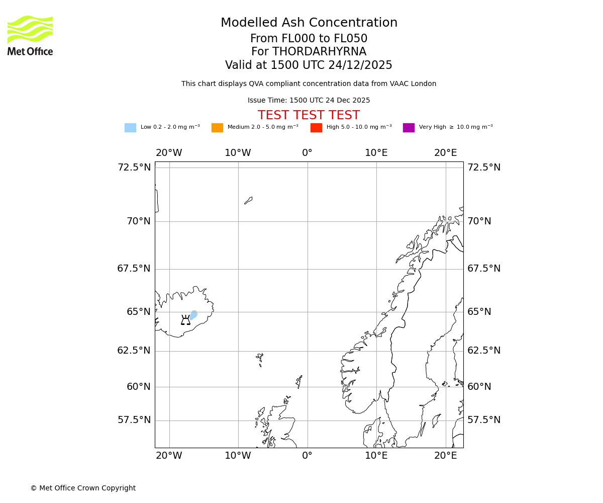 Modelled ash concentration from 000 to 050 for THORDARHYRNA. Valid at 1500 UTC 24/12/2025