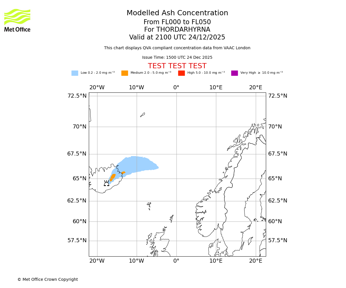 Modelled ash concentration from 000 to 050 for THORDARHYRNA. Valid at 2100 UTC 24/12/2025