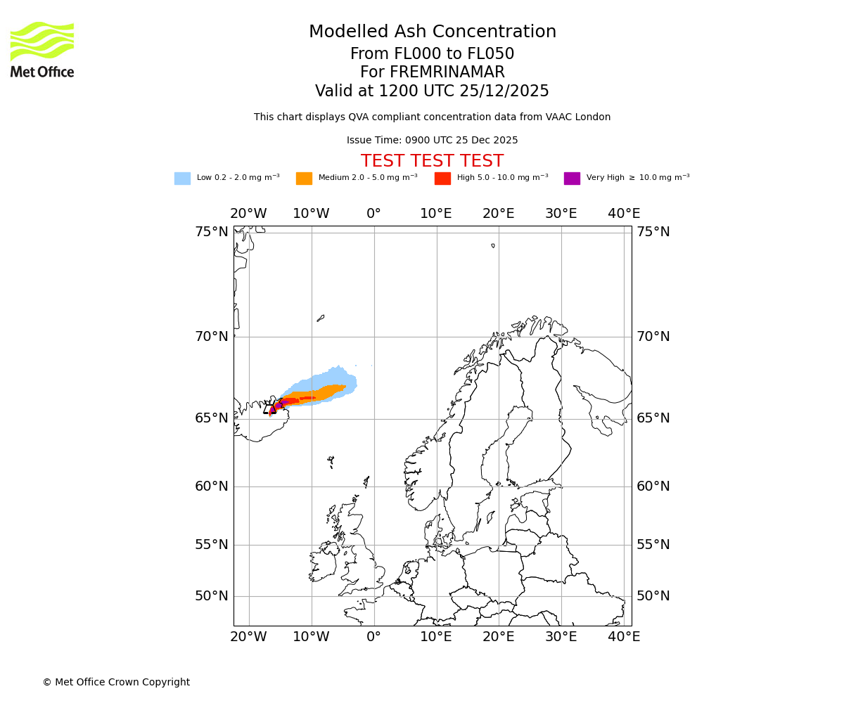 Modelled ash concentration from 000 to 050 for FREMRINAMAR. Valid at 1200 UTC 25/12/2025