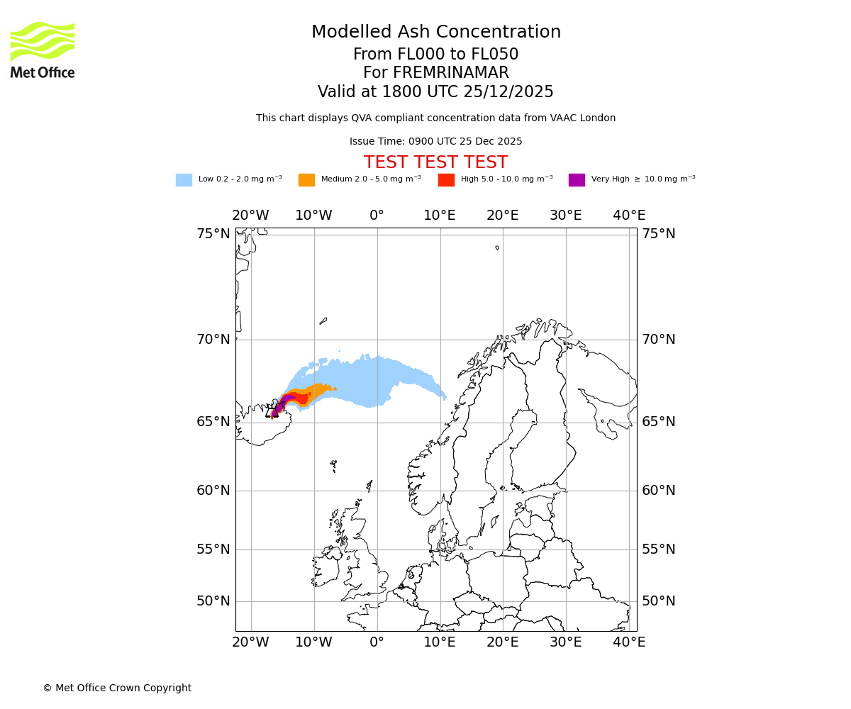 Modelled ash concentration from 000 to 050 for FREMRINAMAR. Valid at 1800 UTC 25/12/2025
