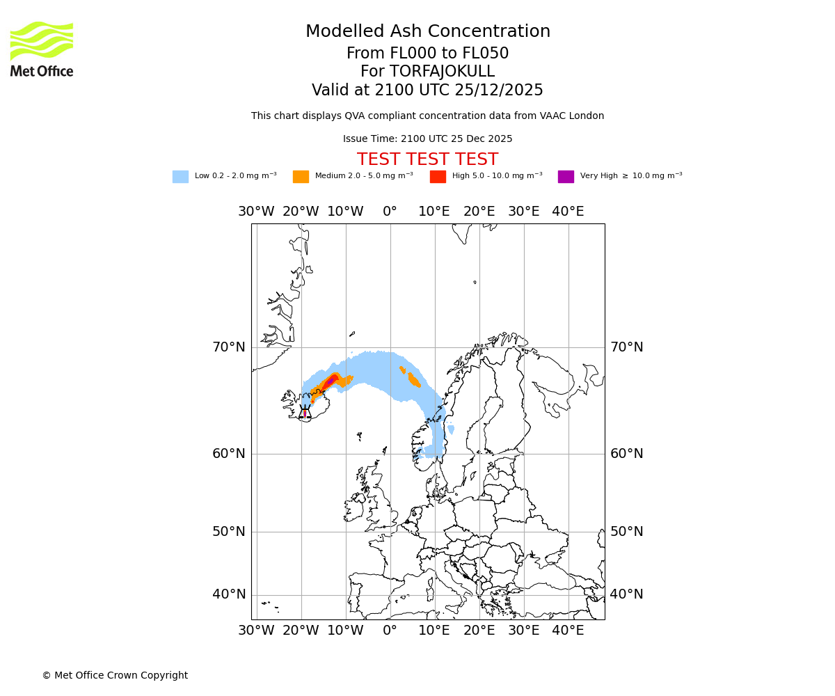 Modelled ash concentration from 000 to 050 for TORFAJOKULL. Valid at 2100 UTC 25/12/2025