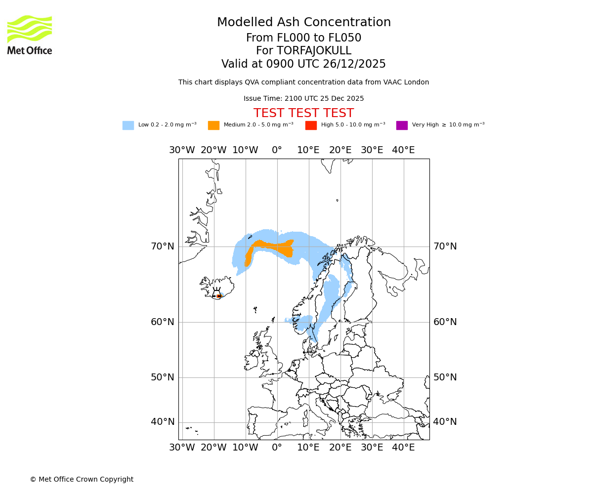 Modelled ash concentration from 000 to 050 for TORFAJOKULL. Valid at 0900 UTC 26/12/2025