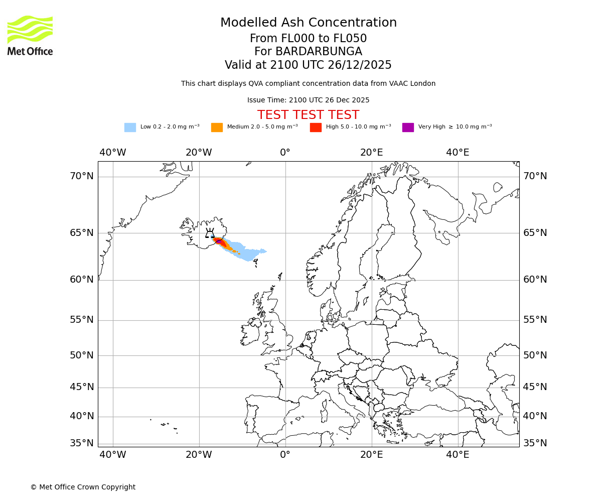 Modelled ash concentration from 000 to 050 for BARDARBUNGA. Valid at 2100 UTC 26/12/2025