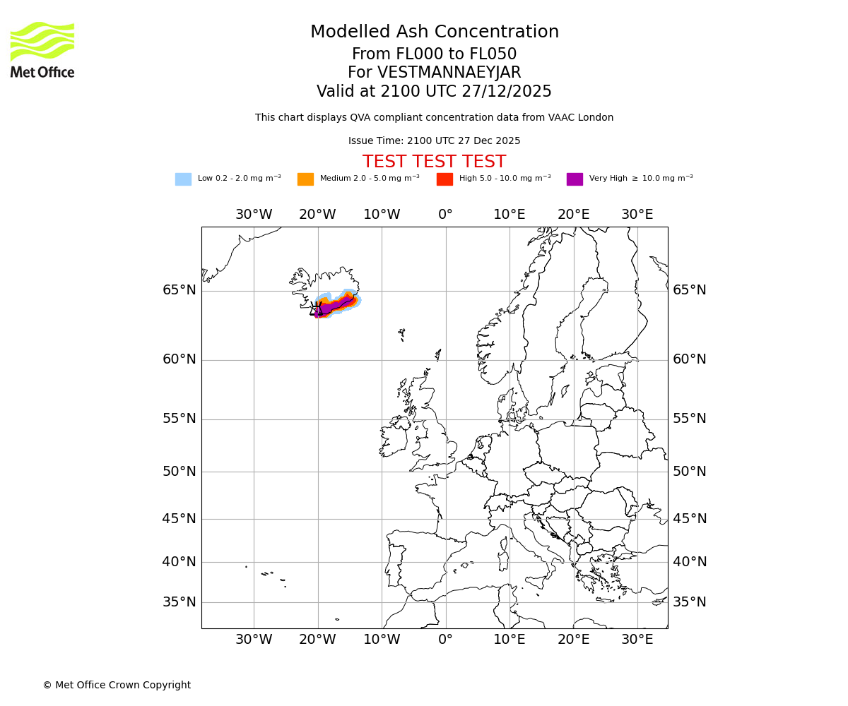 Modelled ash concentration from 000 to 050 for VESTMANNAEYJAR. Valid at 2100 UTC 27/12/2025