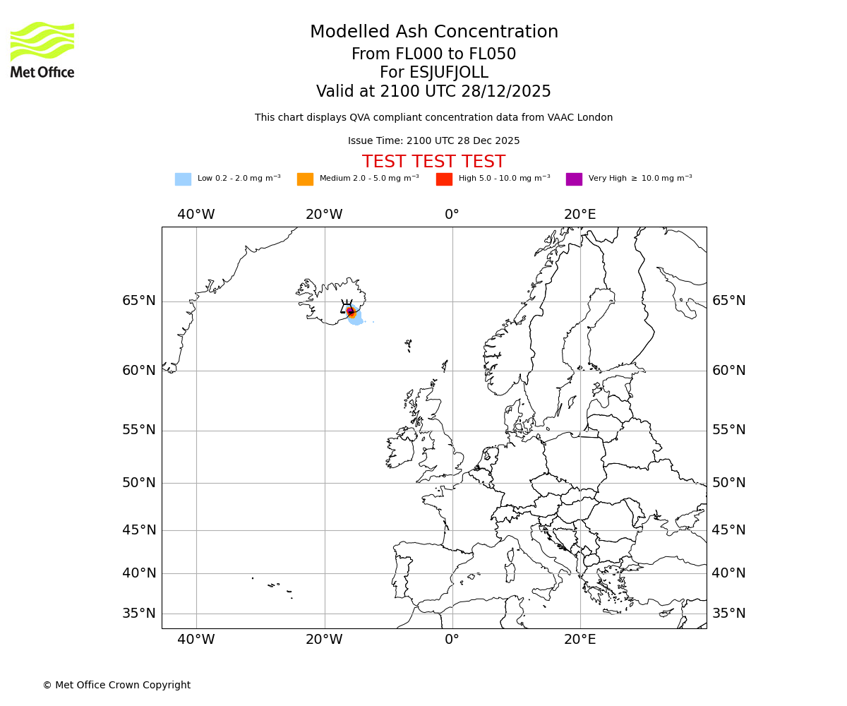 Modelled ash concentration from 000 to 050 for ESJUFJOLL. Valid at 2100 UTC 28/12/2025