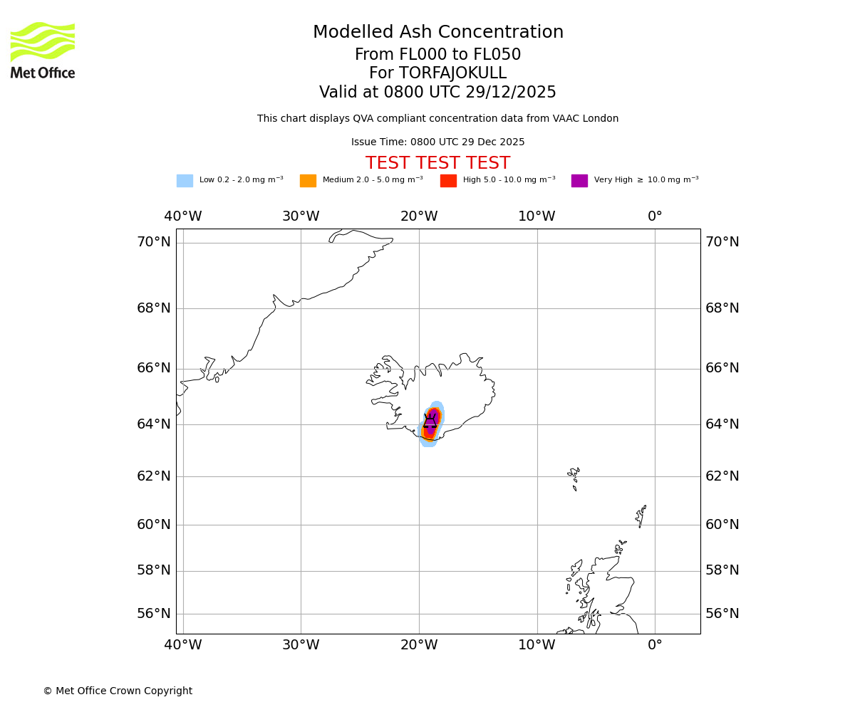 Modelled ash concentration from 000 to 050 for TORFAJOKULL. Valid at 0800 UTC 29/12/2025