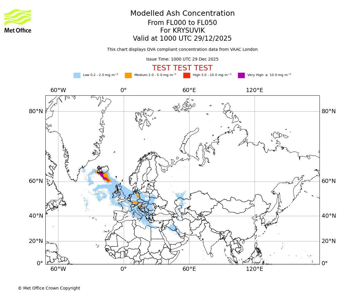 Modelled ash concentration from 000 to 050 for KRYSUVIK. Valid at 1000 UTC 29/12/2025