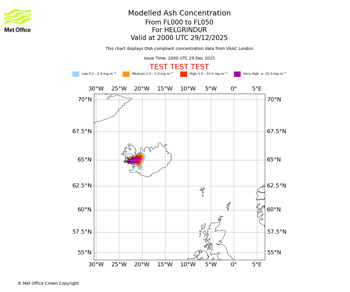 Modelled ash concentration from 000 to 050 for HELGRINDUR. Valid at 2000 UTC 29/12/2025