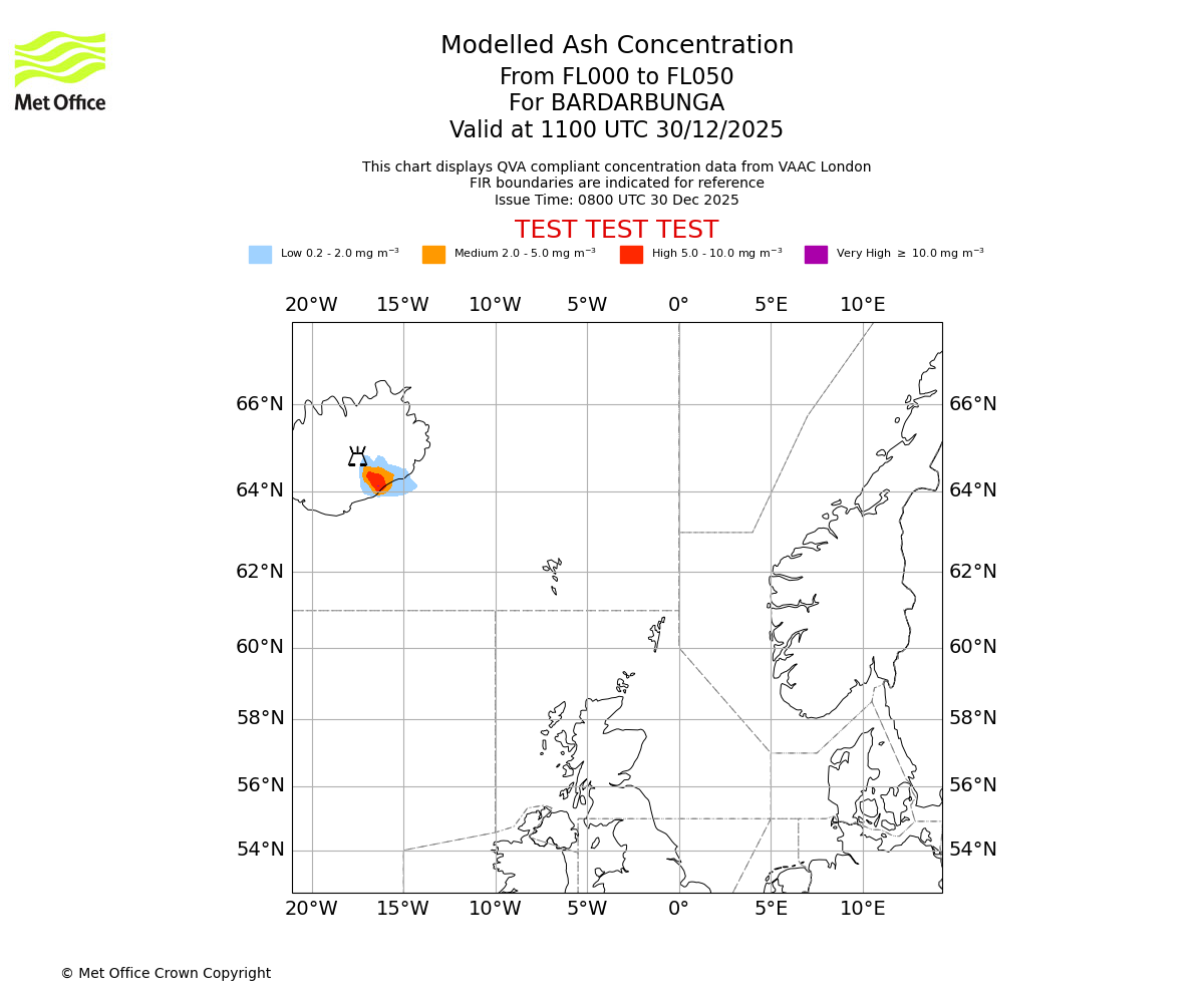 Modelled ash concentration from 000 to 050 for BARDARBUNGA. Valid at 1100 UTC 30/12/2025
