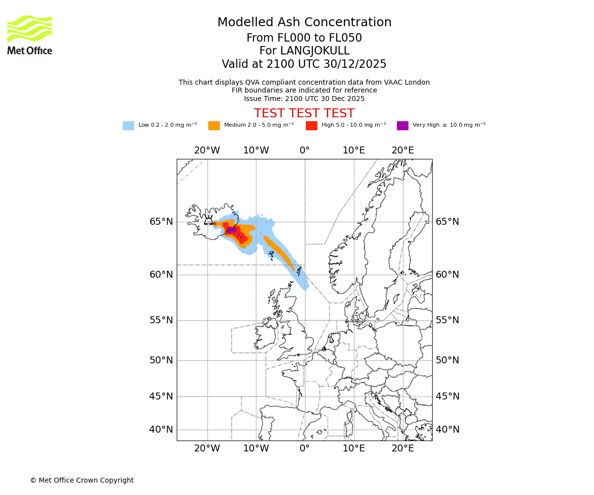 Modelled ash concentration from 000 to 050 for LANGJOKULL. Valid at 2100 UTC 30/12/2025
