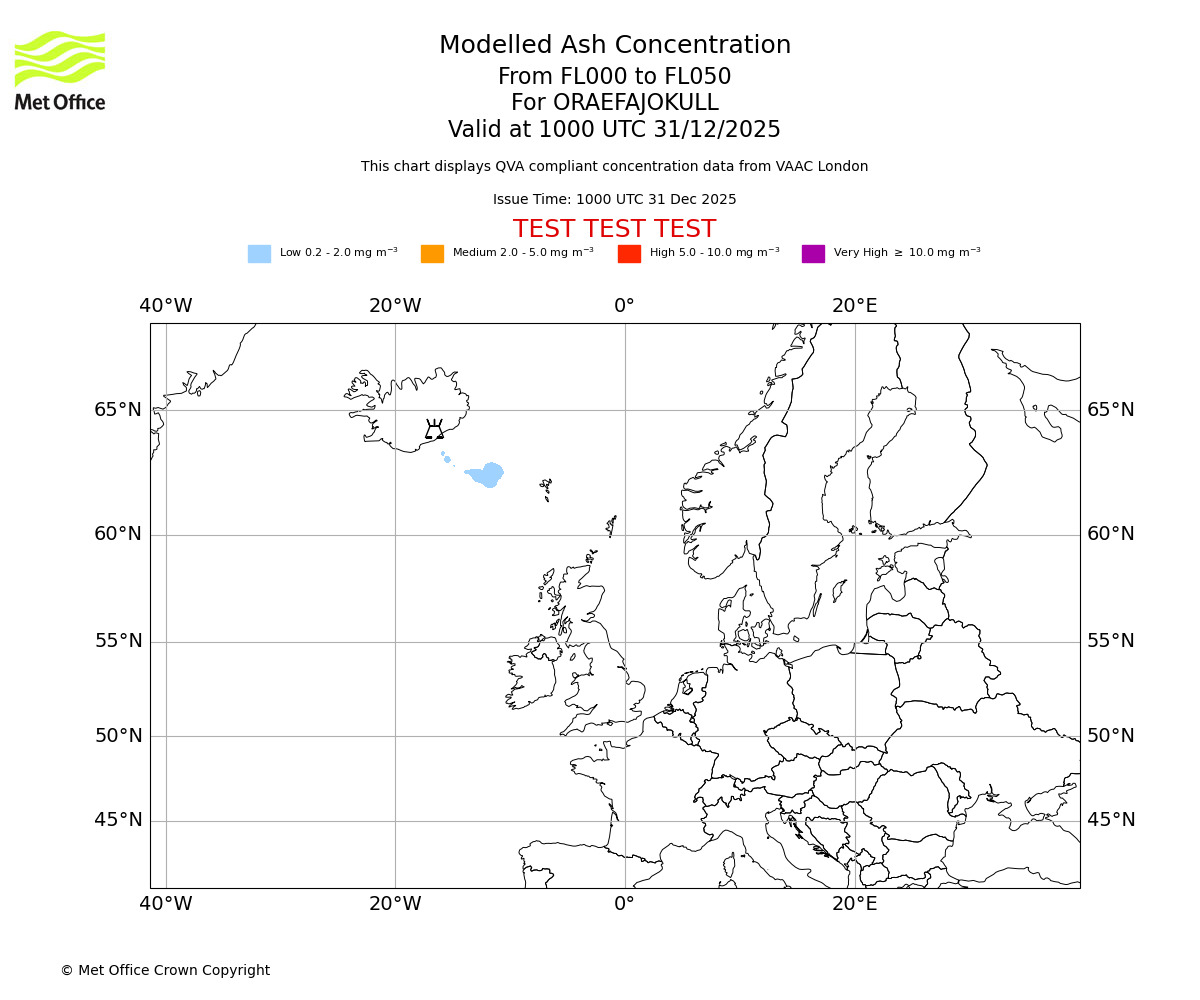 Modelled ash concentration from 000 to 050 for ORAEFAJOKULL. Valid at 1000 UTC 31/12/2025