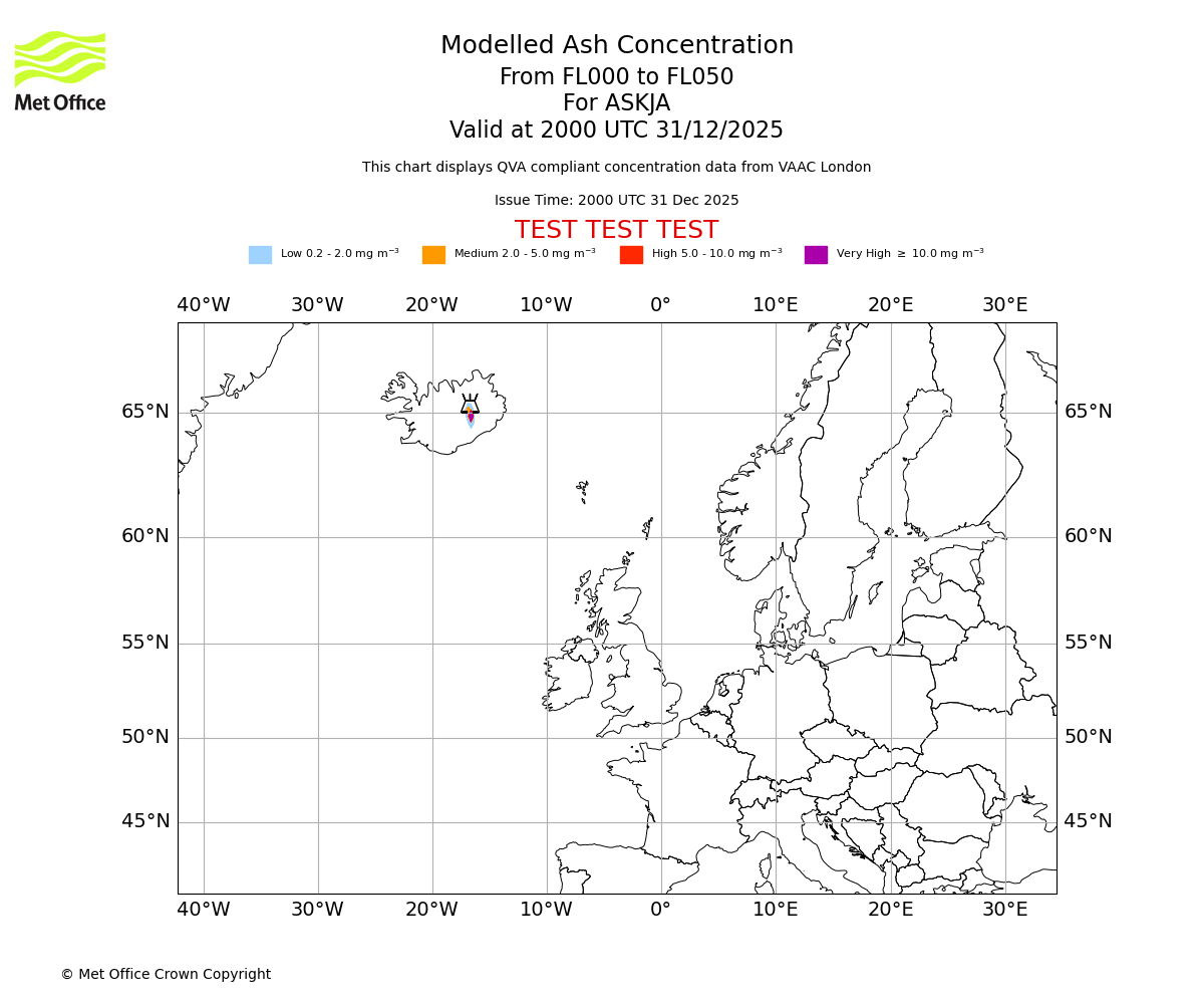 Modelled ash concentration from 000 to 050 for ASKJA. Valid at 2000 UTC 31/12/2025