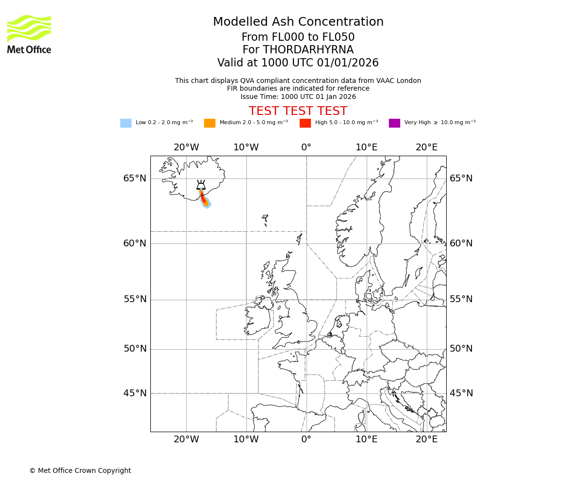 Modelled ash concentration from 000 to 050 for THORDARHYRNA. Valid at 1000 UTC 01/01/2026