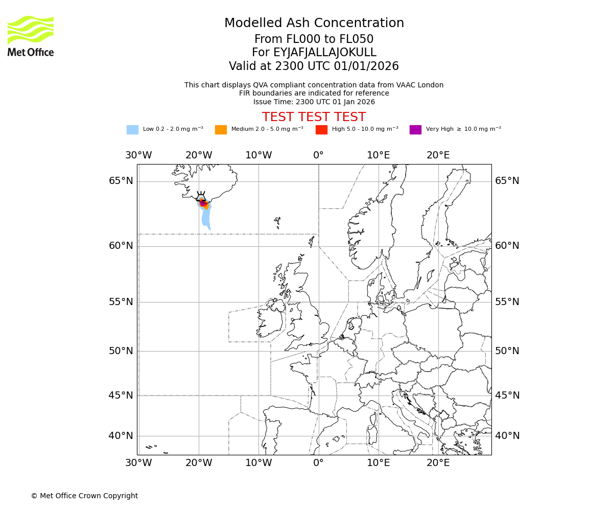 Modelled ash concentration from 000 to 050 for EYJAFJALLAJOKULL. Valid at 2300 UTC 01/01/2026