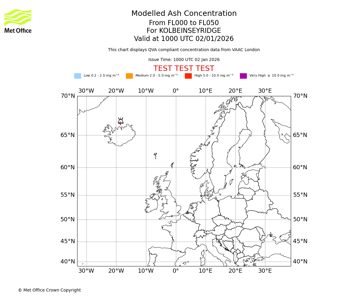 Modelled ash concentration from 000 to 050 for KOLBEINSEYRIDGE. Valid at 1000 UTC 02/01/2026