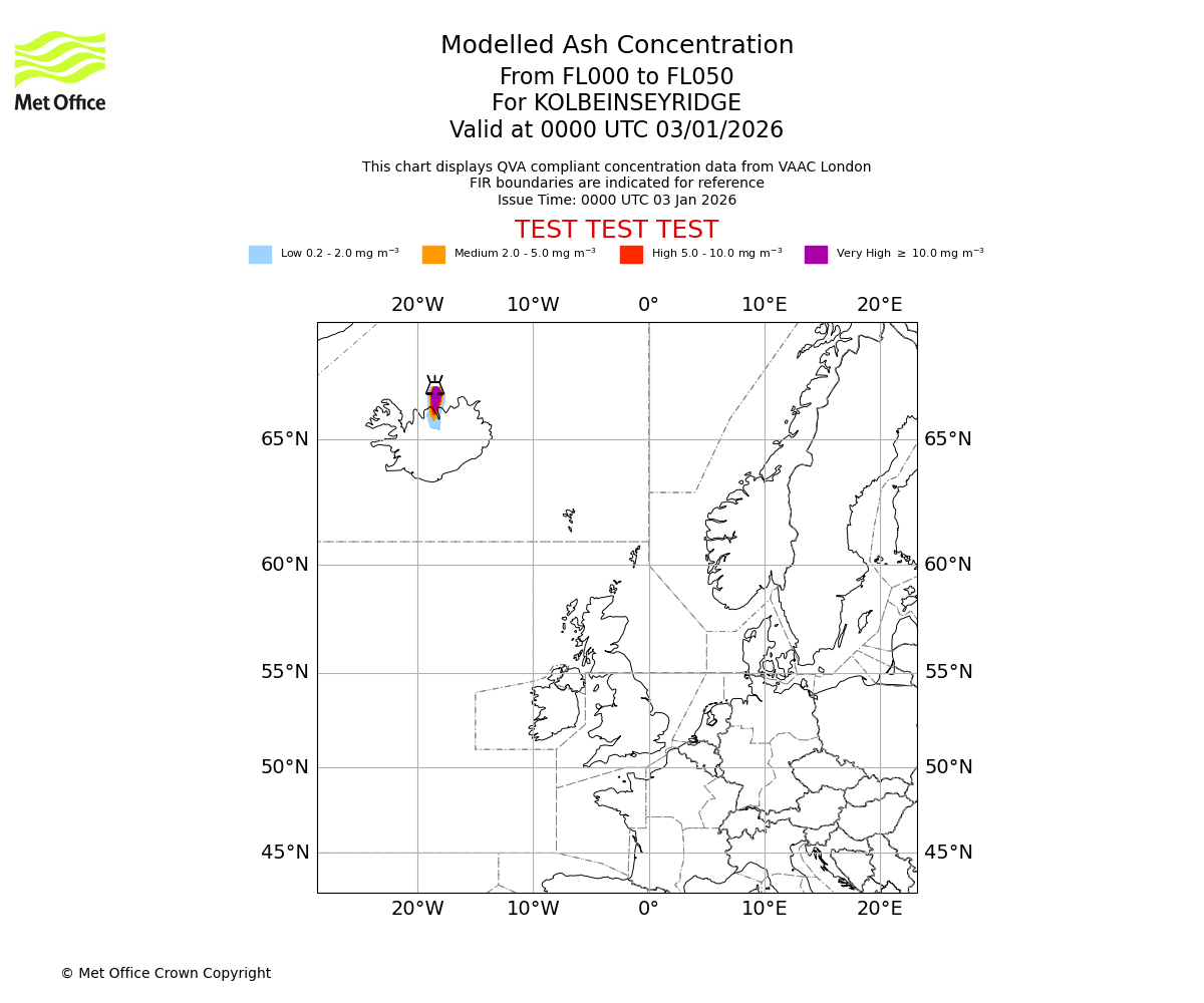Modelled ash concentration from 000 to 050 for KOLBEINSEYRIDGE. Valid at 0000 UTC 03/01/2026