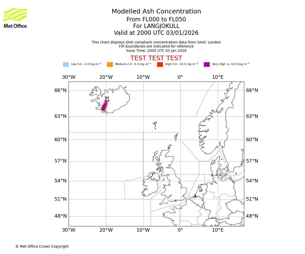 Modelled ash concentration from 000 to 050 for LANGJOKULL. Valid at 2000 UTC 03/01/2026