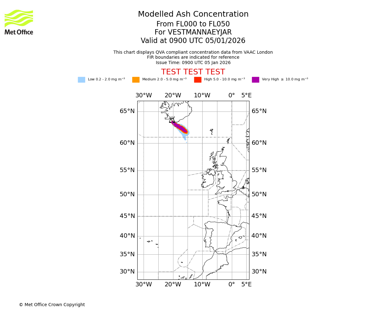Modelled ash concentration from 000 to 050 for VESTMANNAEYJAR. Valid at 0900 UTC 05/01/2026