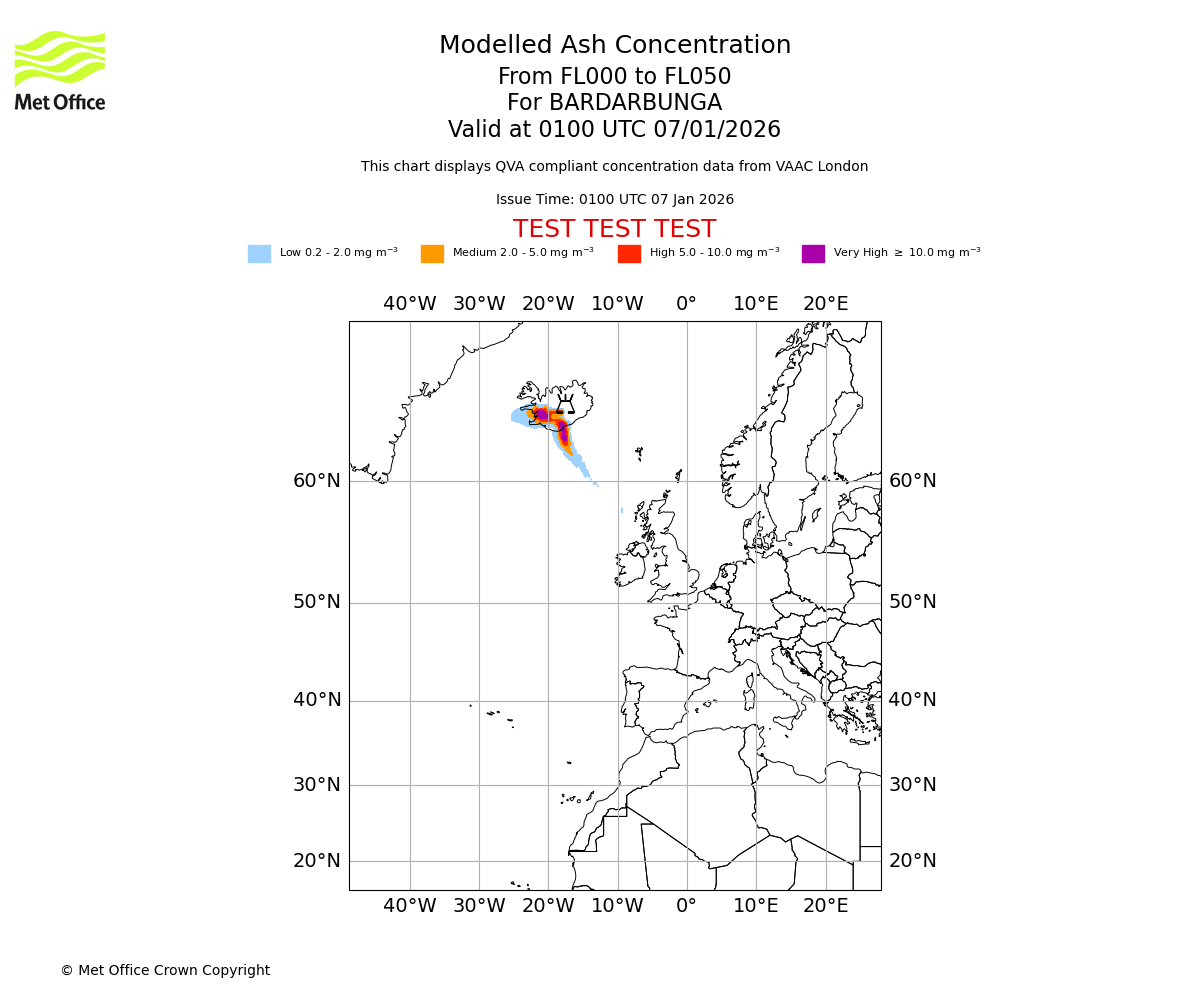 Modelled ash concentration from 000 to 050 for BARDARBUNGA. Valid at 0100 UTC 07/01/2026