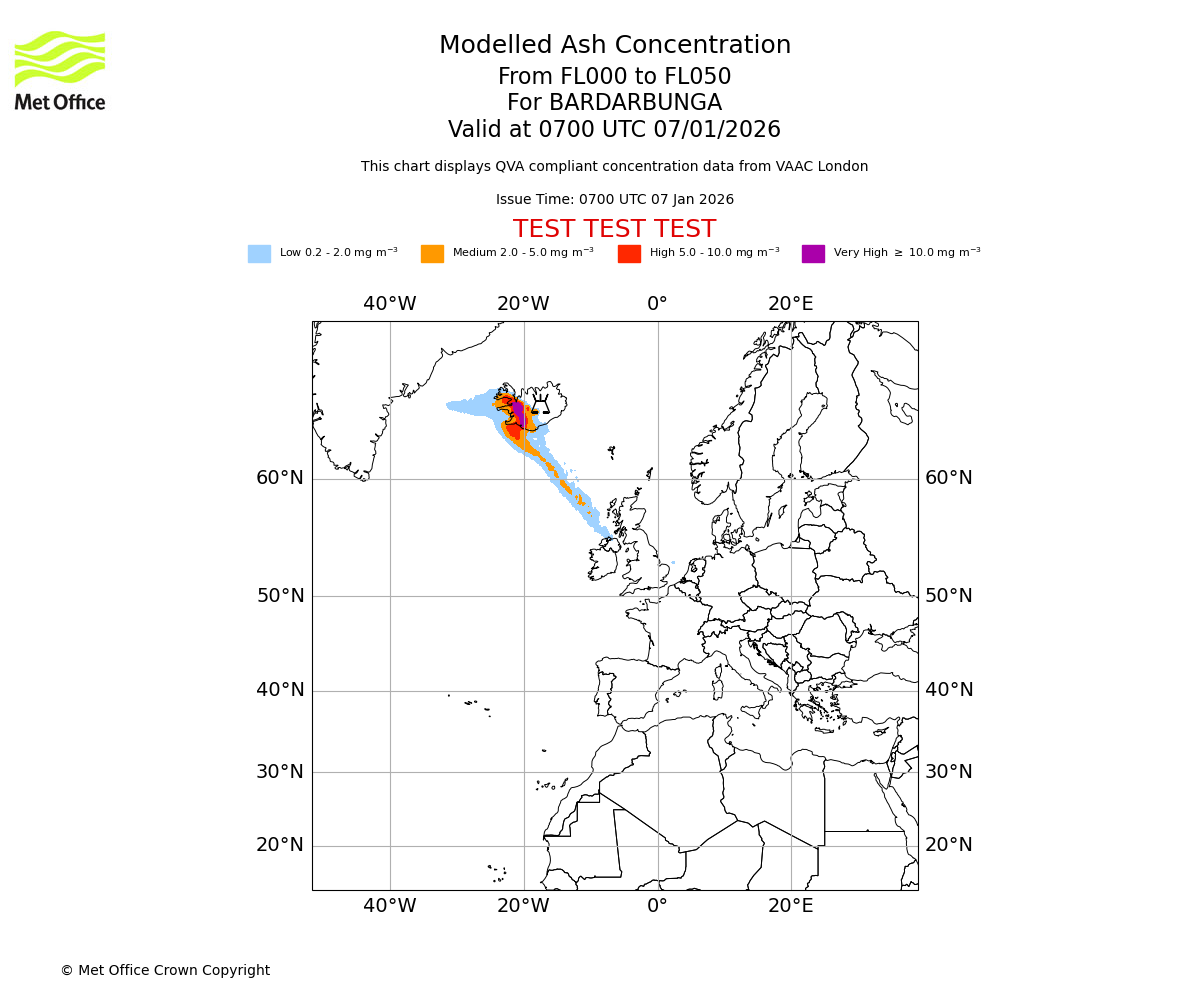 Modelled ash concentration from 000 to 050 for BARDARBUNGA. Valid at 0700 UTC 07/01/2026