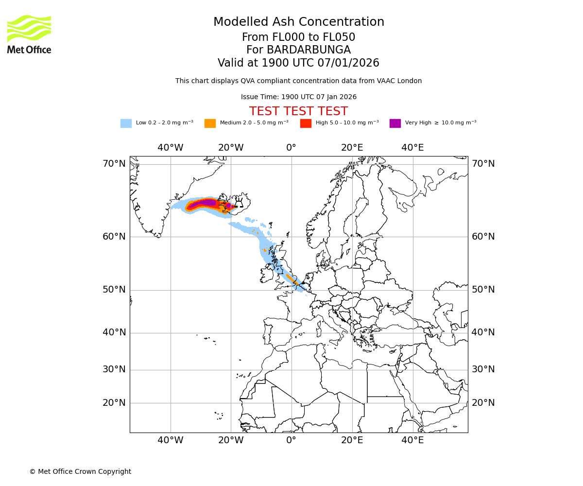 Modelled ash concentration from 000 to 050 for BARDARBUNGA. Valid at 1900 UTC 07/01/2026