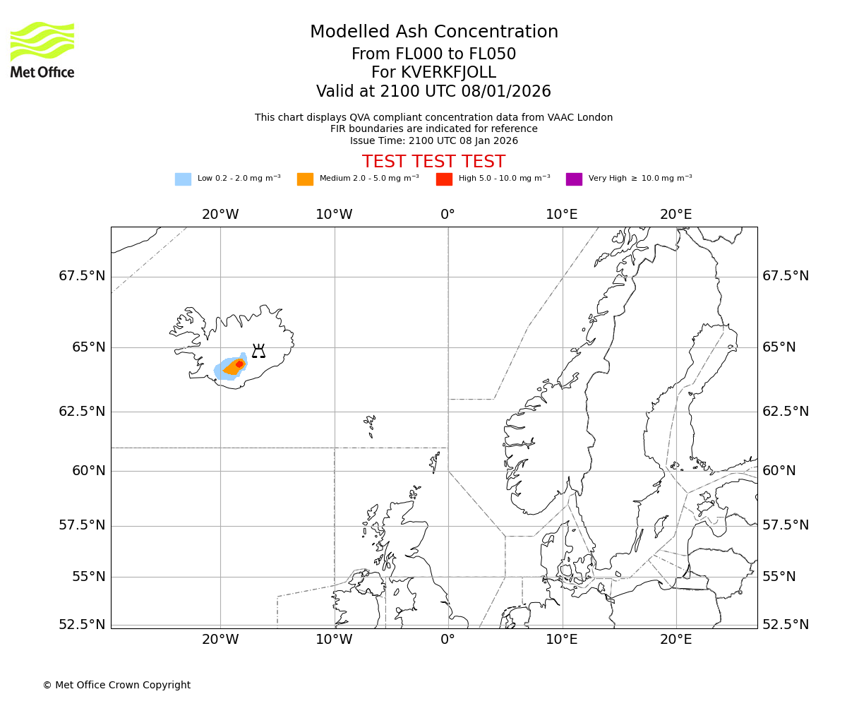 Modelled ash concentration from 000 to 050 for KVERKFJOLL. Valid at 2100 UTC 08/01/2026