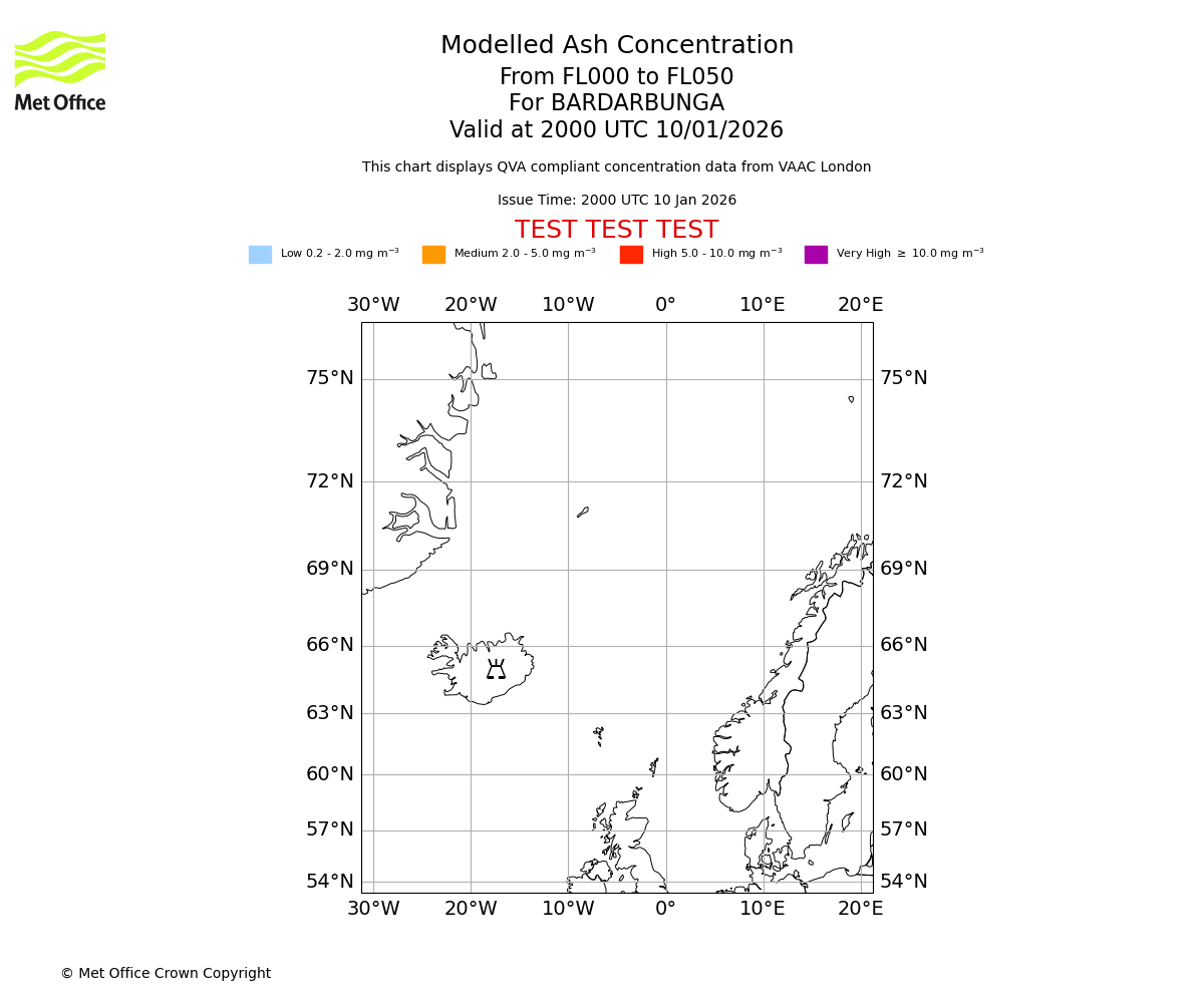 Modelled ash concentration from 000 to 050 for BARDARBUNGA. Valid at 2000 UTC 10/01/2026