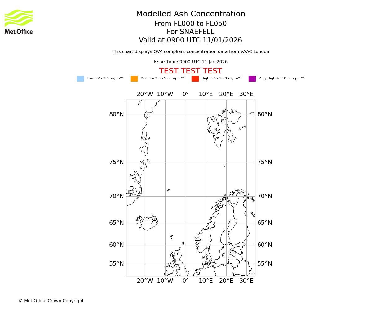 Modelled ash concentration from 000 to 050 for SNAEFELL. Valid at 0900 UTC 11/01/2026