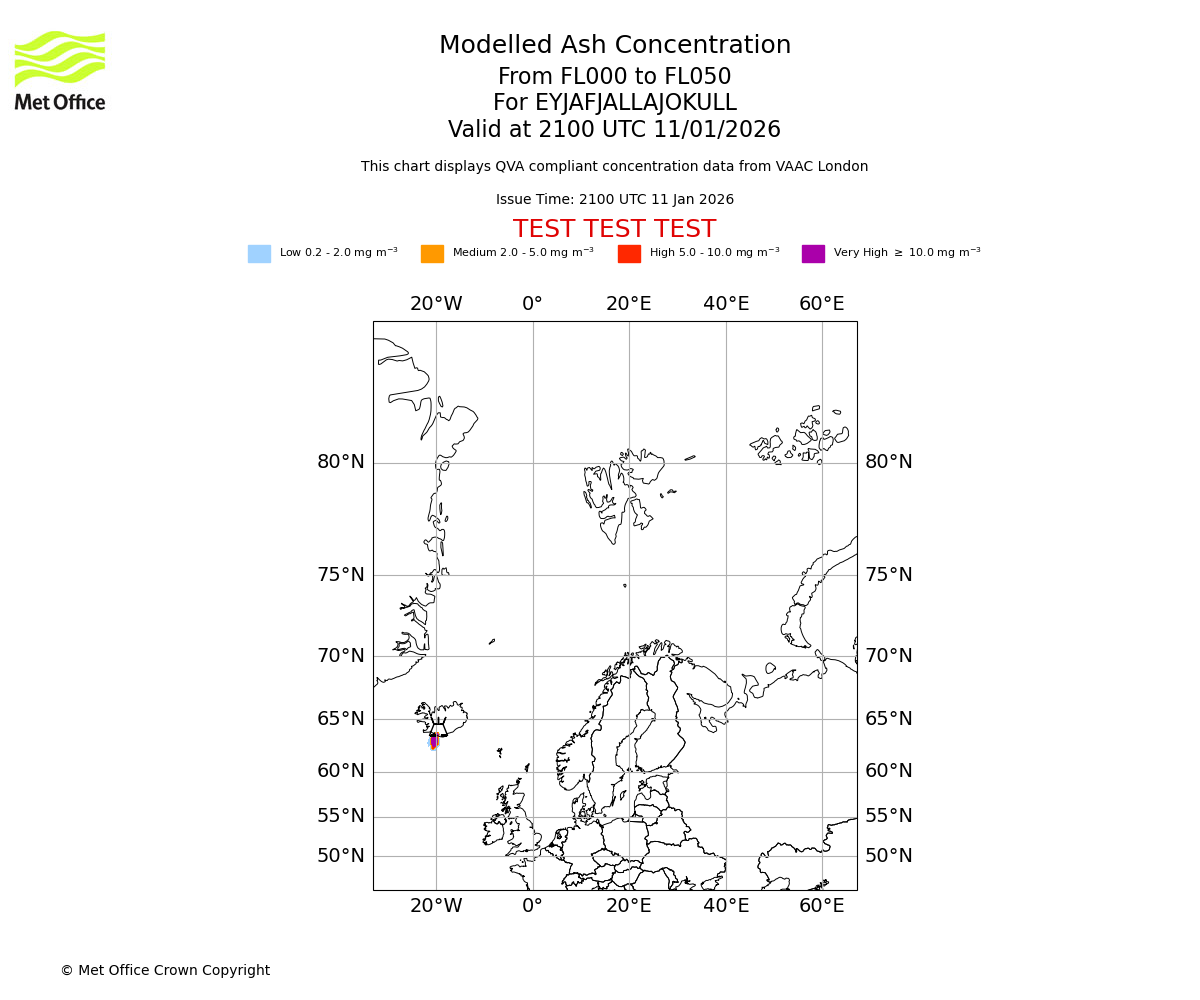 Modelled ash concentration from 000 to 050 for EYJAFJALLAJOKULL. Valid at 2100 UTC 11/01/2026