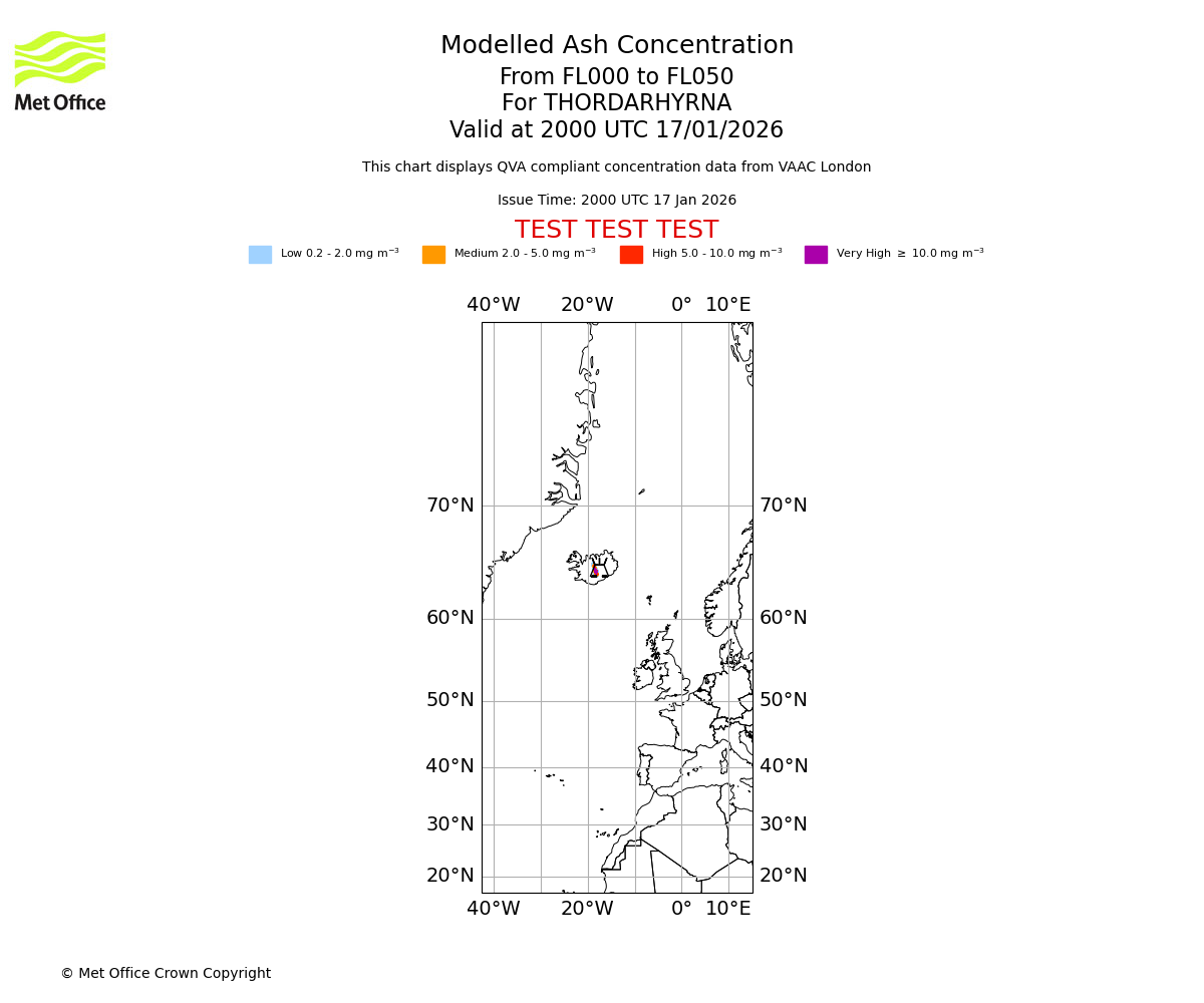 Modelled ash concentration from 000 to 050 for THORDARHYRNA. Valid at 2000 UTC 17/01/2026