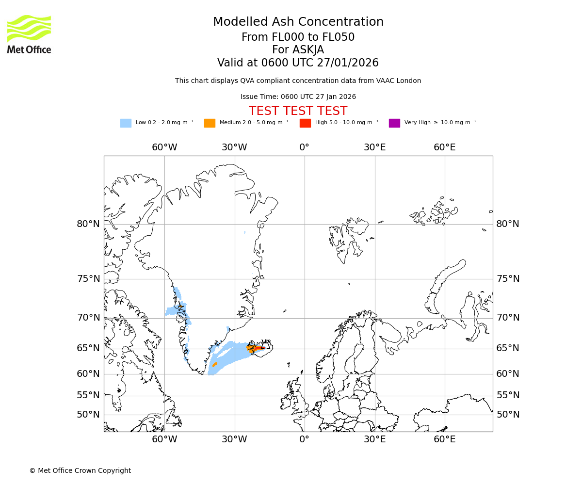Modelled ash concentration from 000 to 050 for ASKJA. Valid at 0600 UTC 27/01/2026