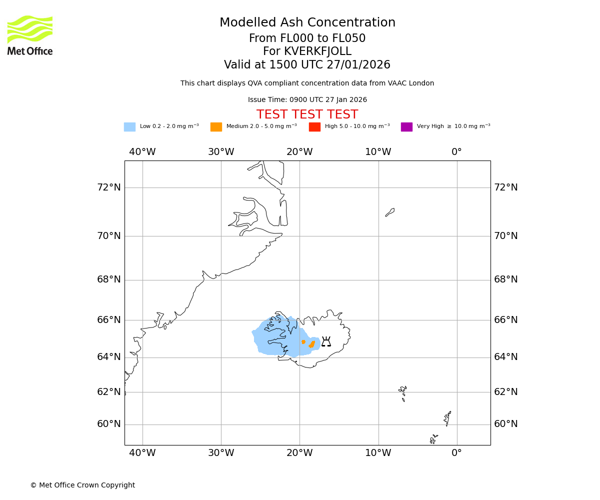 Modelled ash concentration from 000 to 050 for KVERKFJOLL. Valid at 1500 UTC 27/01/2026